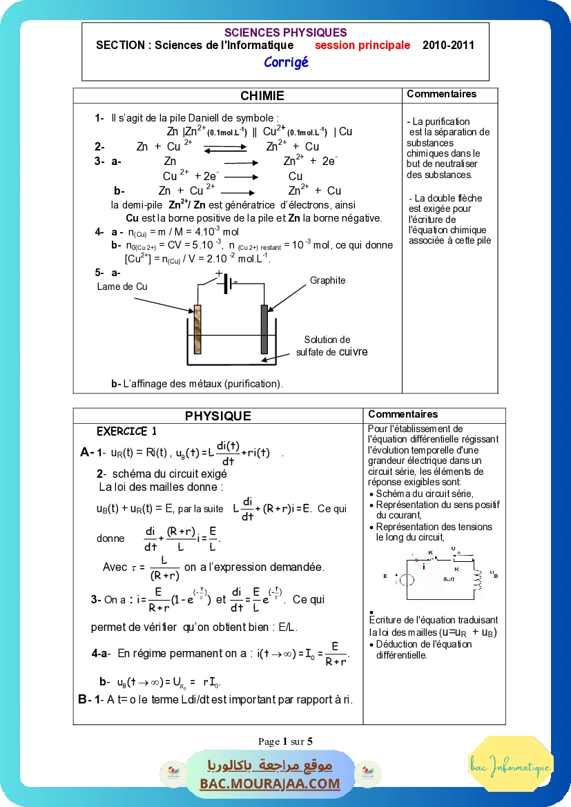 Corrigé principale physique Bac 2011 – Section info